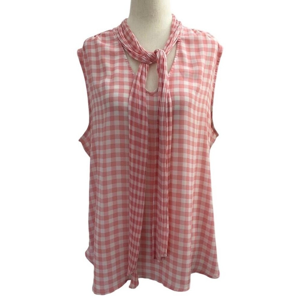 7th Avenue New York & Company Women Large Tie Bow Pink Shirt Top Tie Neck 9-586